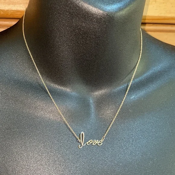 Solid Stamped14K Yellow Gold Word LOVE Cursive Script Text Necklace